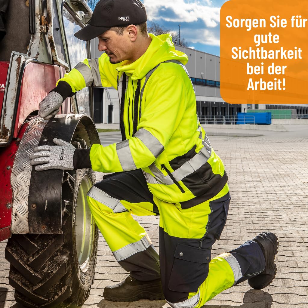 NEO TOOLS Ensemble - Pantalon de Travail Imperméable Haute Visibilité pour Hommes + Veste D'avertissement de Travail Chaude (Orange/Jaune) | Pantalon Softshell avec Doublure Polaire, S-XXL