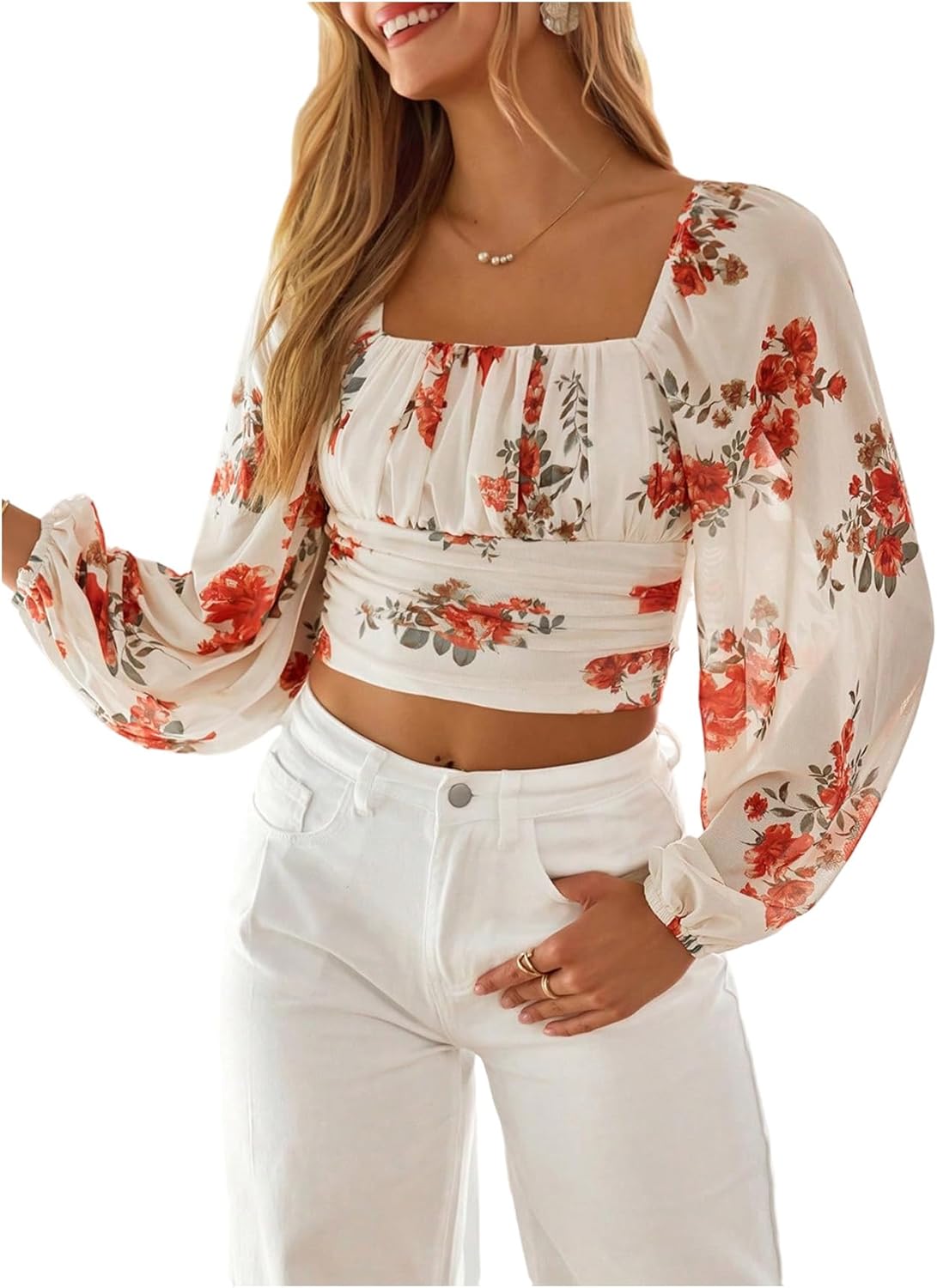 SweatyRocks Women's Floral Print Ruched Crop Tops Casaul Blouses Square Neck Long Sleeve Tee Apricot X-Large
