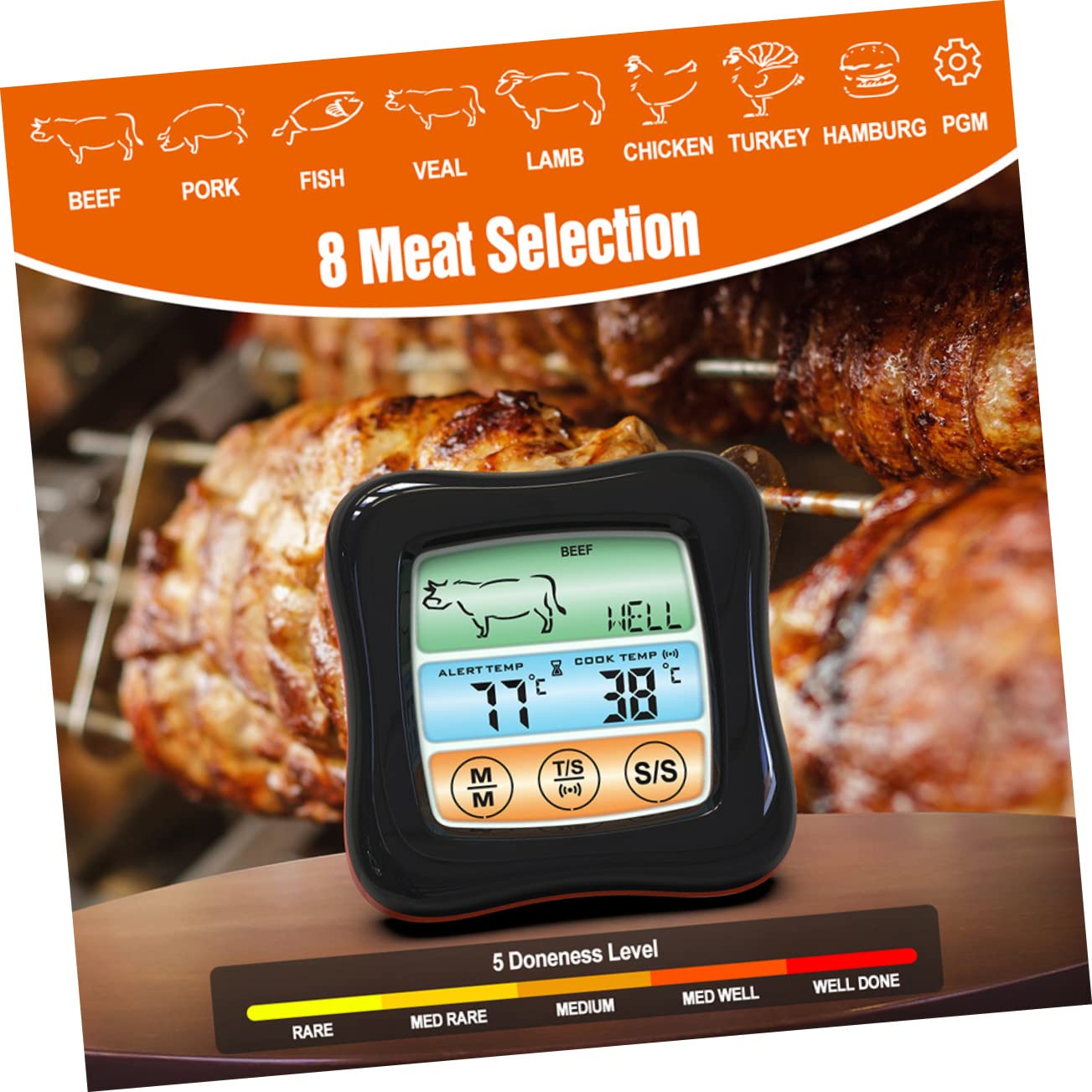 MUCKLILY Food Thermometer Timer Accurate Kitchen Probe Thermometer for BBQ Grilling Baking and Cooking Digital Color Display for Home Use