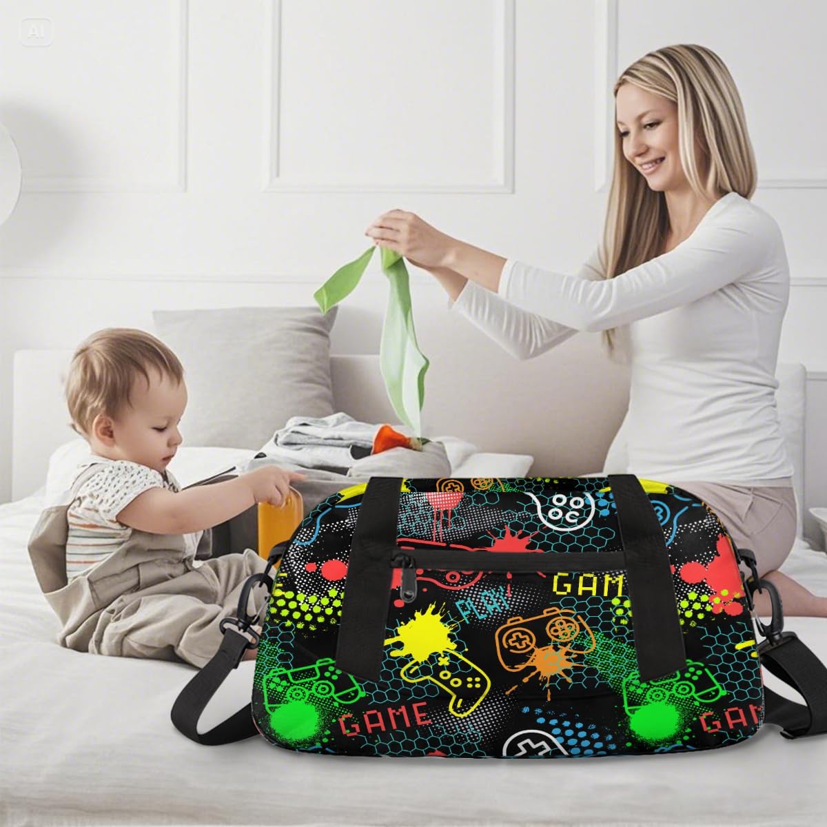 Gym Travel Duffle Bag for Boys - Gamer Gamepad Kids Overnighter Weekend Bag with Front Zipper Pocket for School Practice, Teens Carry-On Size Sleepover Bags