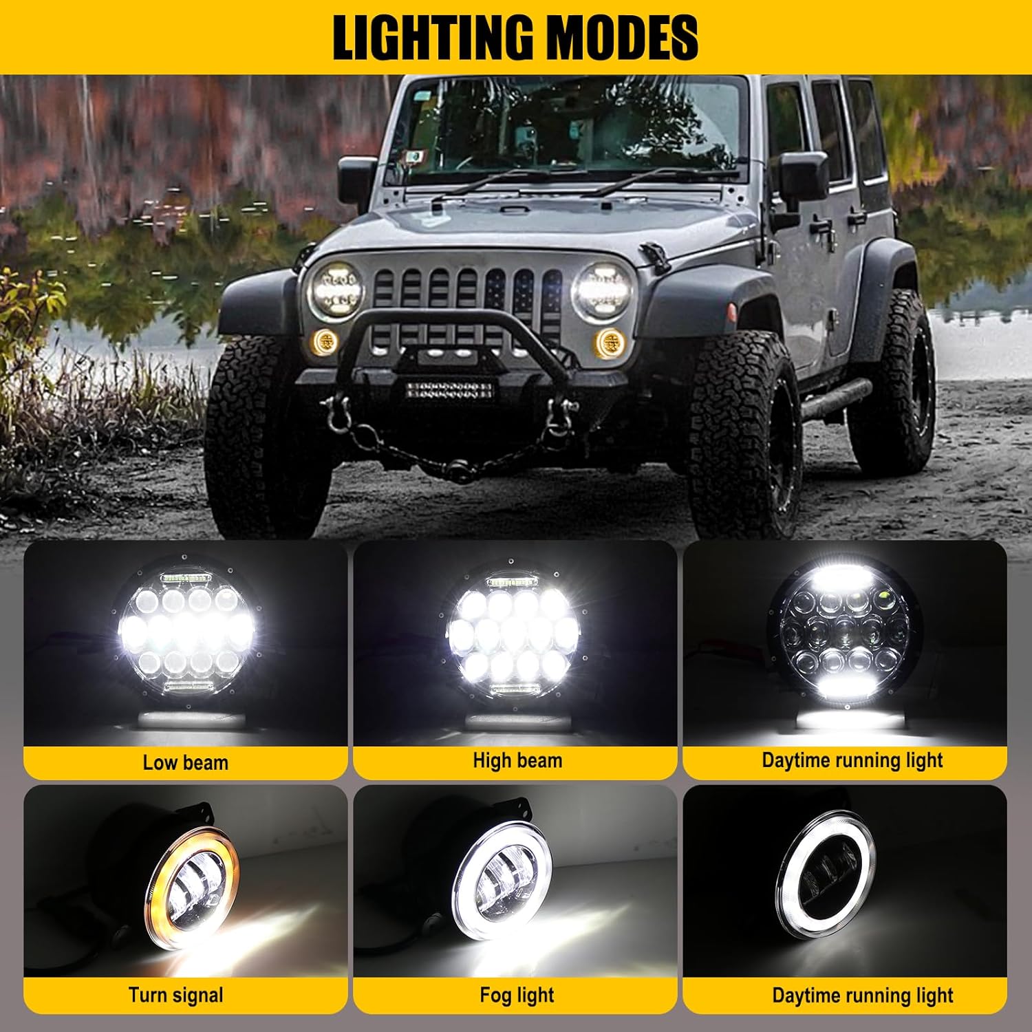 LED Headlight for Wrangler + 4" LED Fog Lights, 7" 105W Round LED Headlights with Daytime Running Light DRL High Low Beam Compatible with J-eep Wrangler JK TJ LJ with H4 H13 Adapter