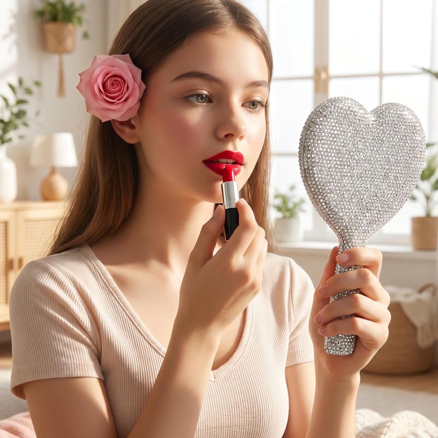 Heart Shape Mirror 6.30 × 4.13 Inches Rhinestone Hand Mirror, Bling Glitter Cosmetic Dazzling Portable With Handle Travel Makeup Lash for Women White for Wedding Birthday Valentine's Day Gift