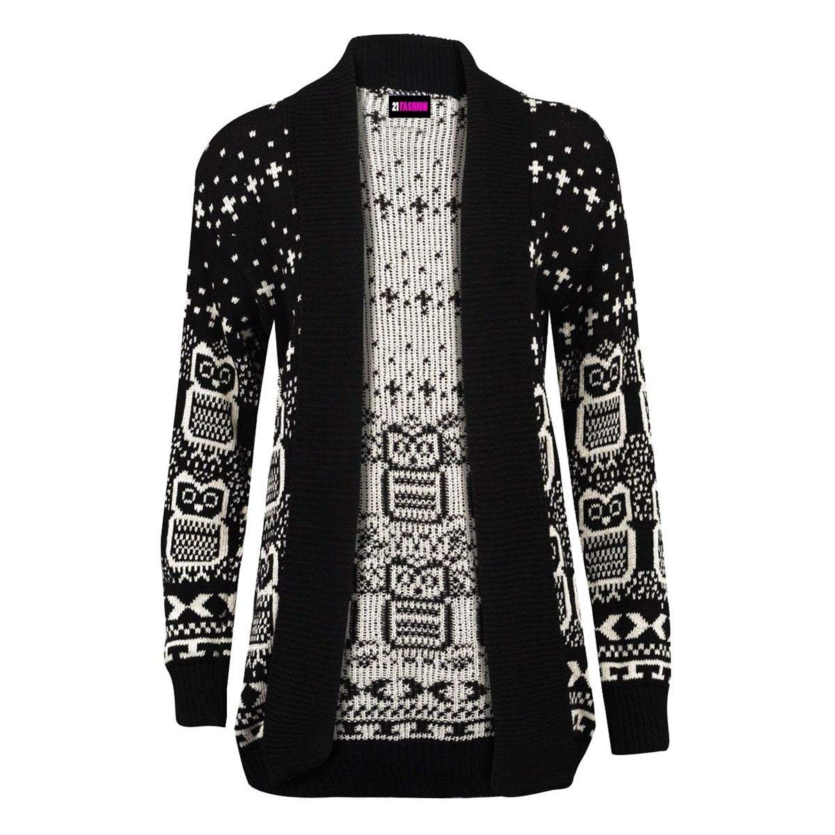 GirlzWalk ® Women Ladies Owl Print Knitted Long Sleeve Jumper Open Cardigan (Black, SM/UK 8-10)