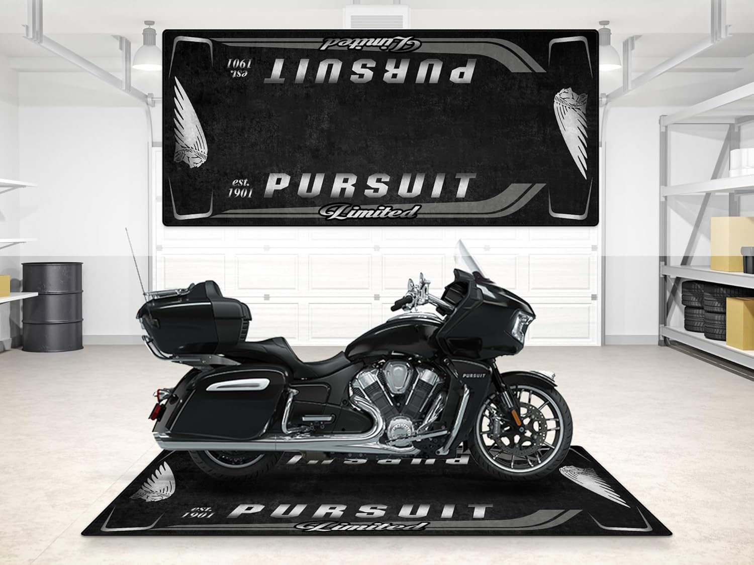 MPM Motorcycle Mat for Pursuit Limited Washable Non-Slip Oil & Water Resistant Parking Pitmat for Garage, Showroom, Workshop Use | Black Metallic - Size 1 : 86.6 x 39.4/220 x 100 cm