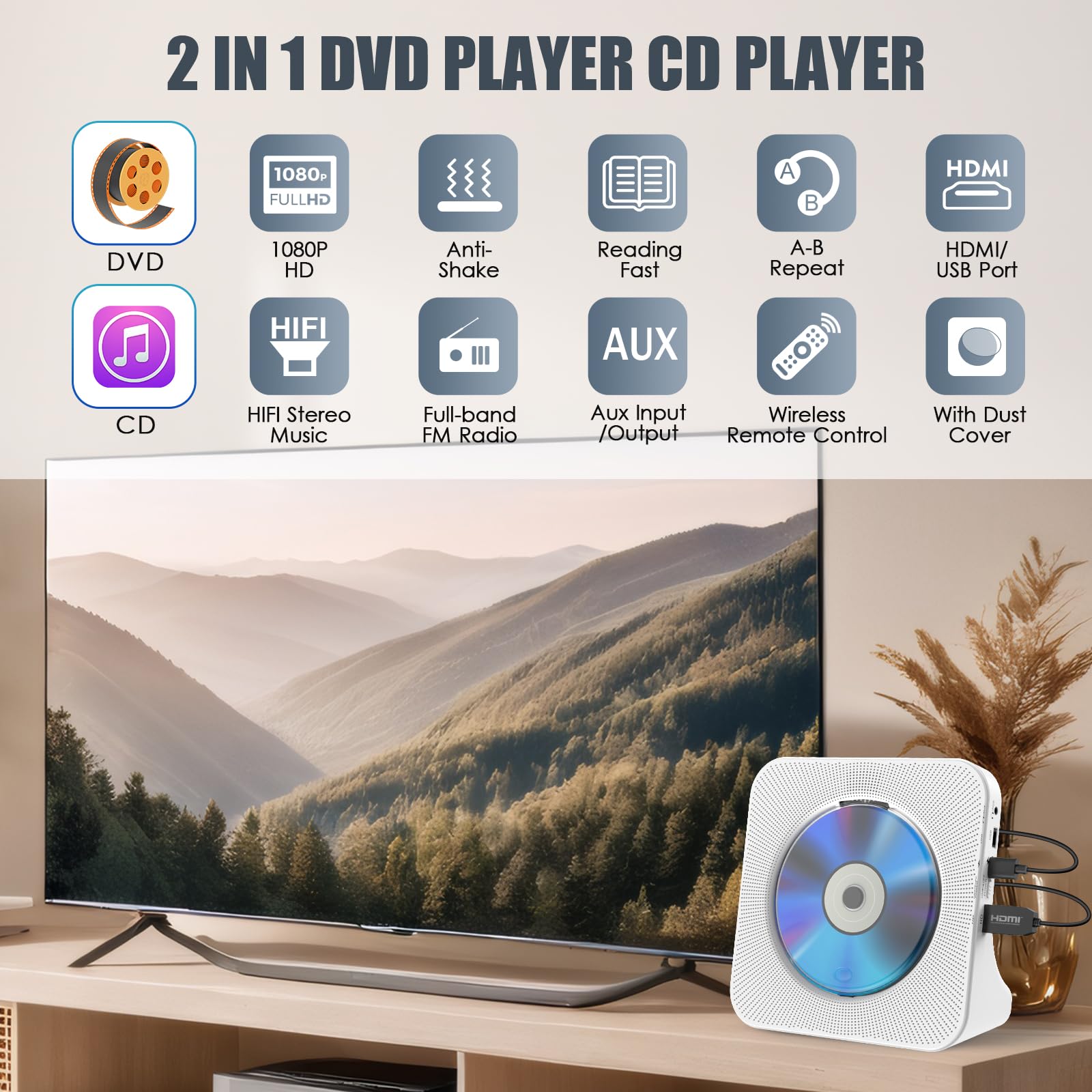 Gueray Lettore DVD per TV Lettore DVD/CD da Tavolo per la Casa con Altoparlanti Bluetooth Display Sveglia Radio FM con Lettore CD Riproduzione di Schede USB Include Telecomando HDMI Cavo(Bianco)