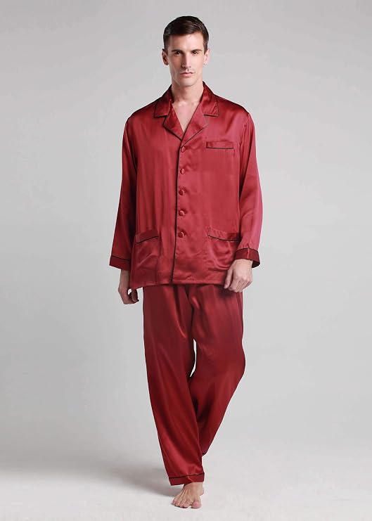 LilySilk Silk Pajamas for Men Long Sleeve Lounge Soft Comfortable Contrast Trim 100% Silk