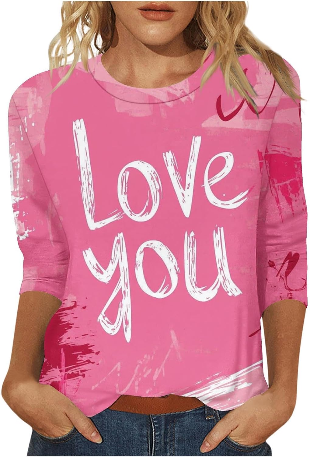 Valentines Day Gifts for Her Womens 2025 Trendy Crew Neck 3/4 Length Sleeve Summer Lover Heart Loose Fit Tees Plus Size Tops Graphic Shirts T Boho Blouses Teacher Workout Fashion Dresses Funny Pink