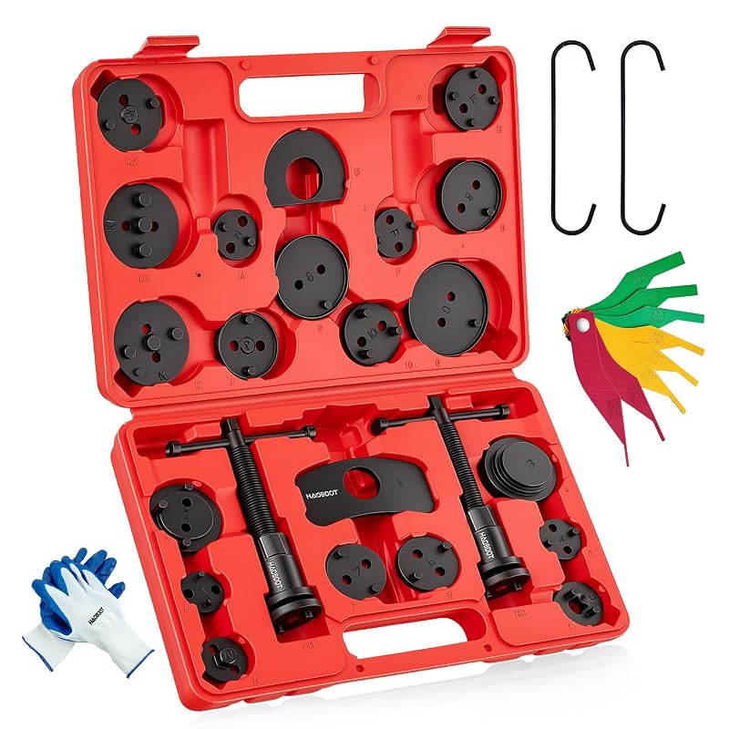 Kit de Ferramentas para Recuar e Comprimir Pinças de Freio HAOBOOT com 27 Peças, Adaptadores SAE e Métricos, Vermelho