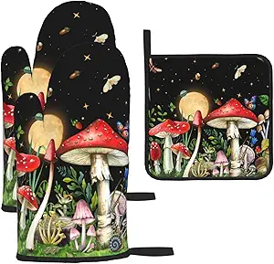 Cute Mushroom Oven Mitts and Pot Holders Sets of 3 Holiday Kitchen Decor Heat Resistant Witchy Hot Pads Oven Gloves for Cooking Grilling Baking