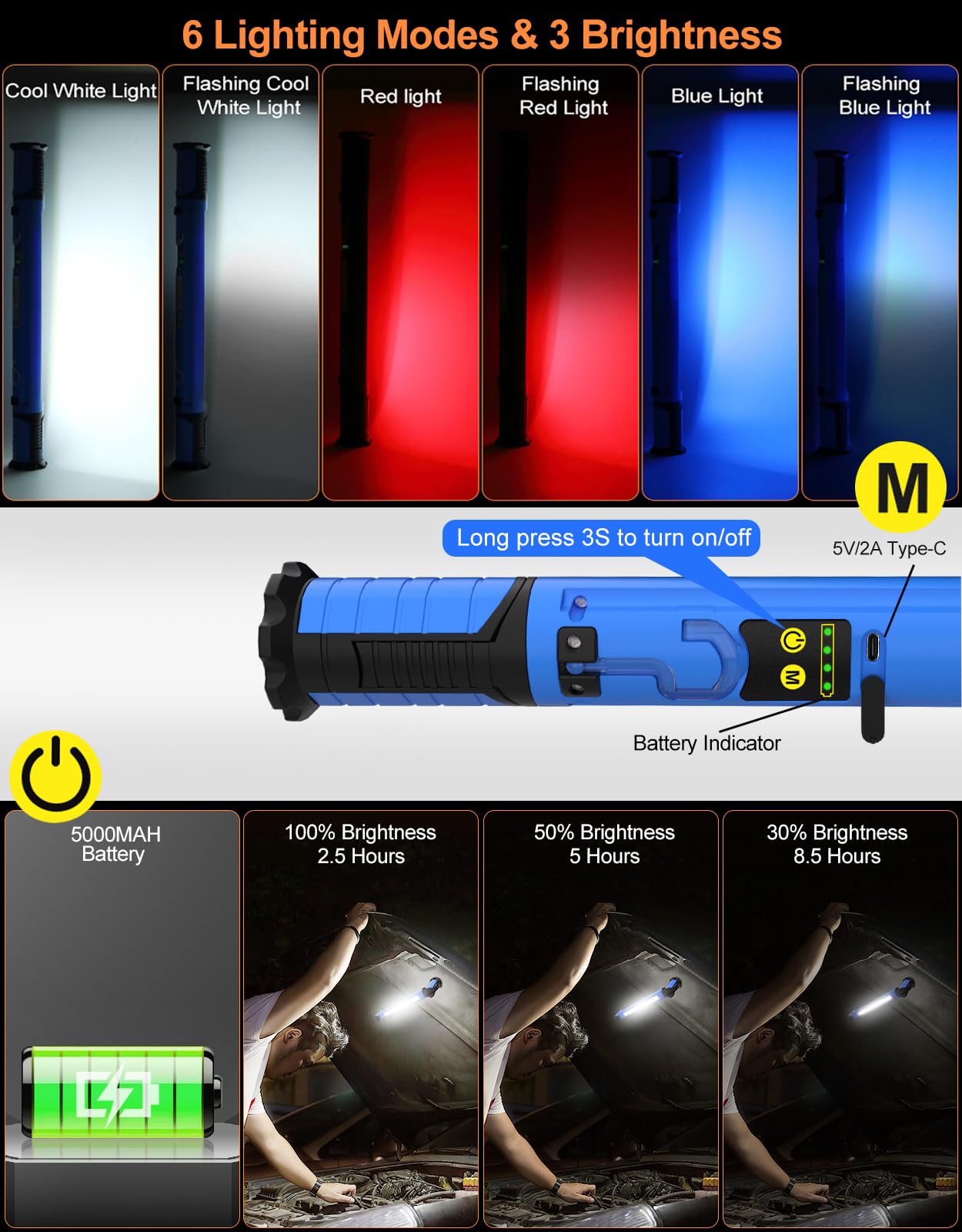 CLV Lampe de Travail Rechargeable 3000LM, Baladeuse Led Mecanicien avec Base Magnétique Lampe Aimantée Led Rechargeable 5000mAh Projecteur Mecanicien 6 Modes 3 Luminosité, IP65 pour Garage Camping