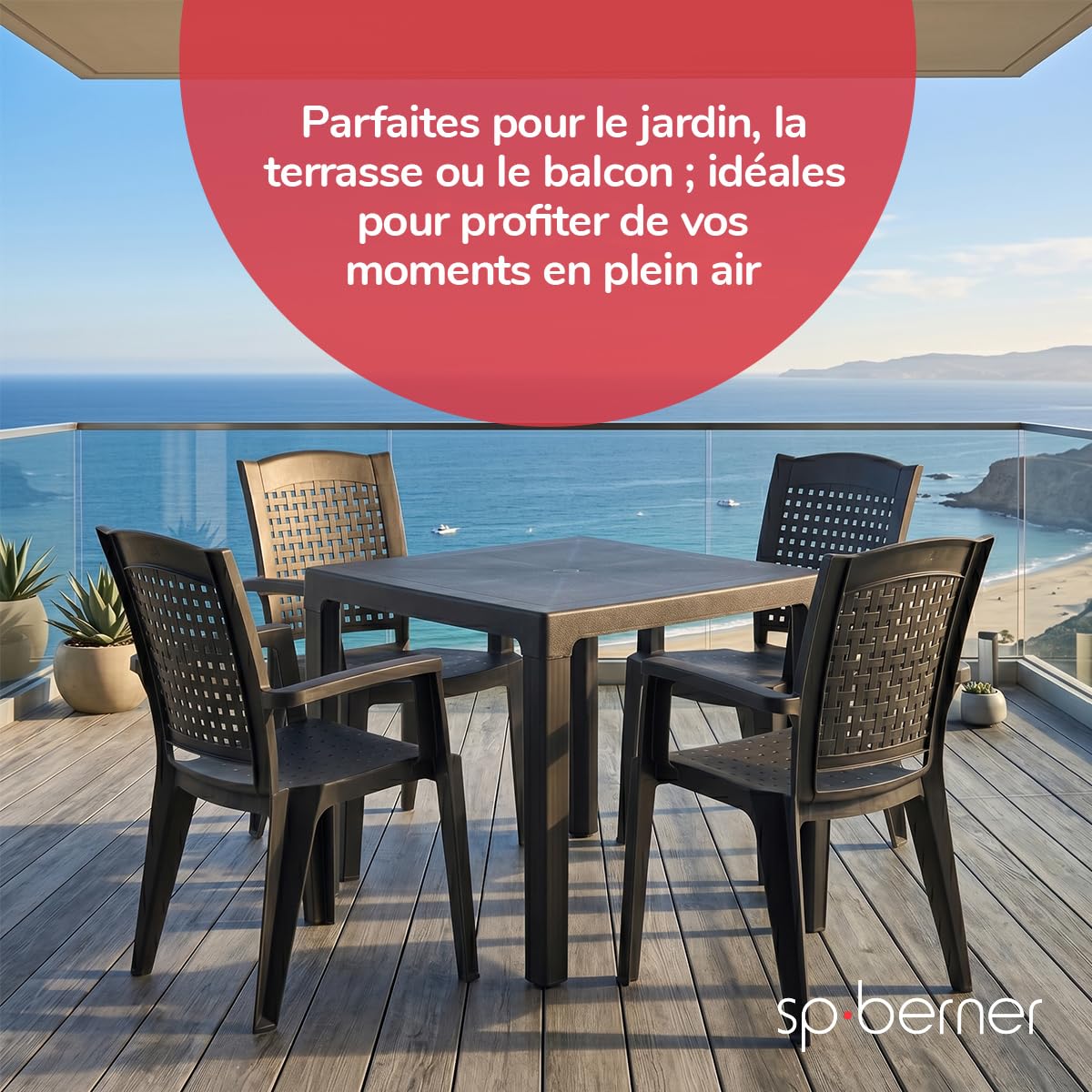 SP Berner SHAF - Lot de 4 chaises - Jardin extérieur et terrasse - Plastique recyclé résistant aux UV - Empilables - Modèle métal - Blanc