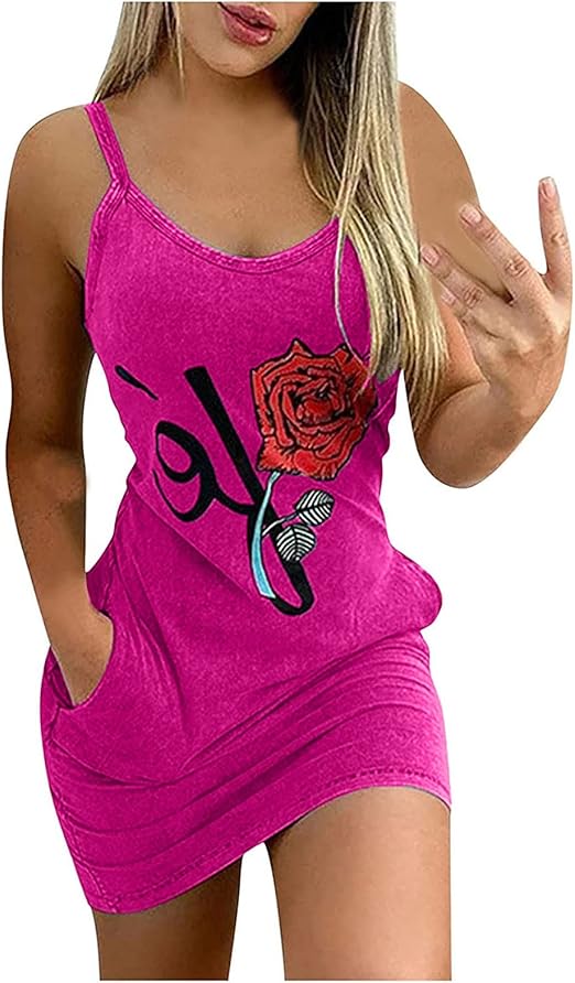 Women Fashion Print Strapless Loose Sleeveless Spaghetti Over Sizs Dress U-Neck Bustier Women Pocket Bohemian Color Lace Flared Skirt Belt Fit Straps Striped