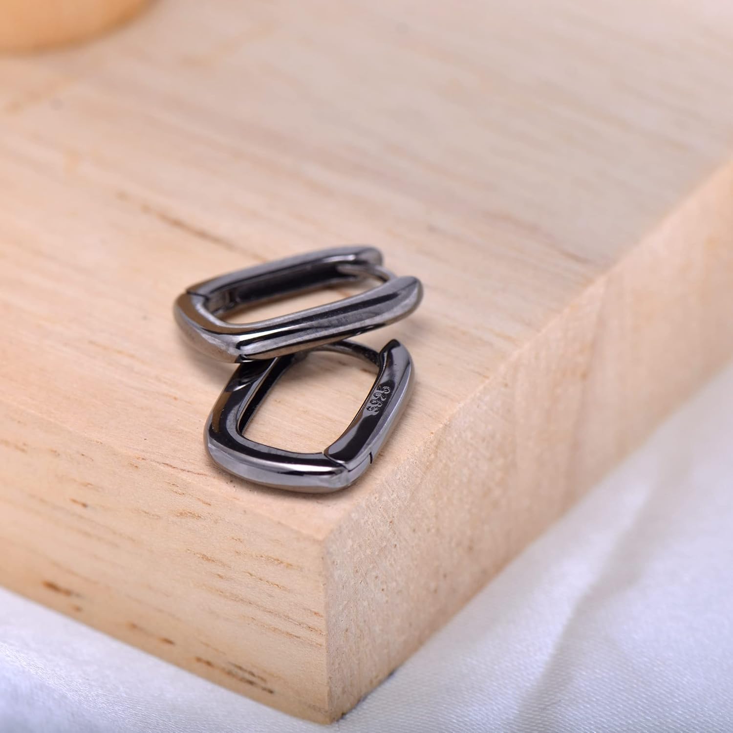 925 Sterling Silver Tiny Huggie Hoop Earrings Rounded Rectangle, Black Rhodium Plated - Image 3