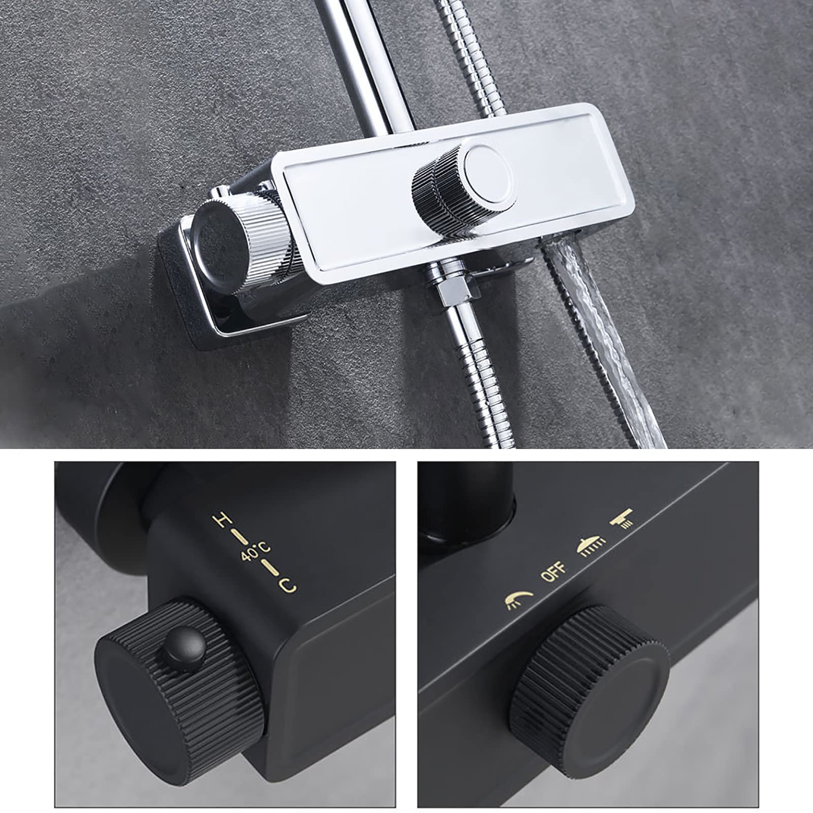 della Doccia di soffione per Pioggia termostatica con Set Combo Portatile, Set di rubinetti per Doccia a Parete Completa di valvola in Ottone e Kit di Rivestimento (Svart A)