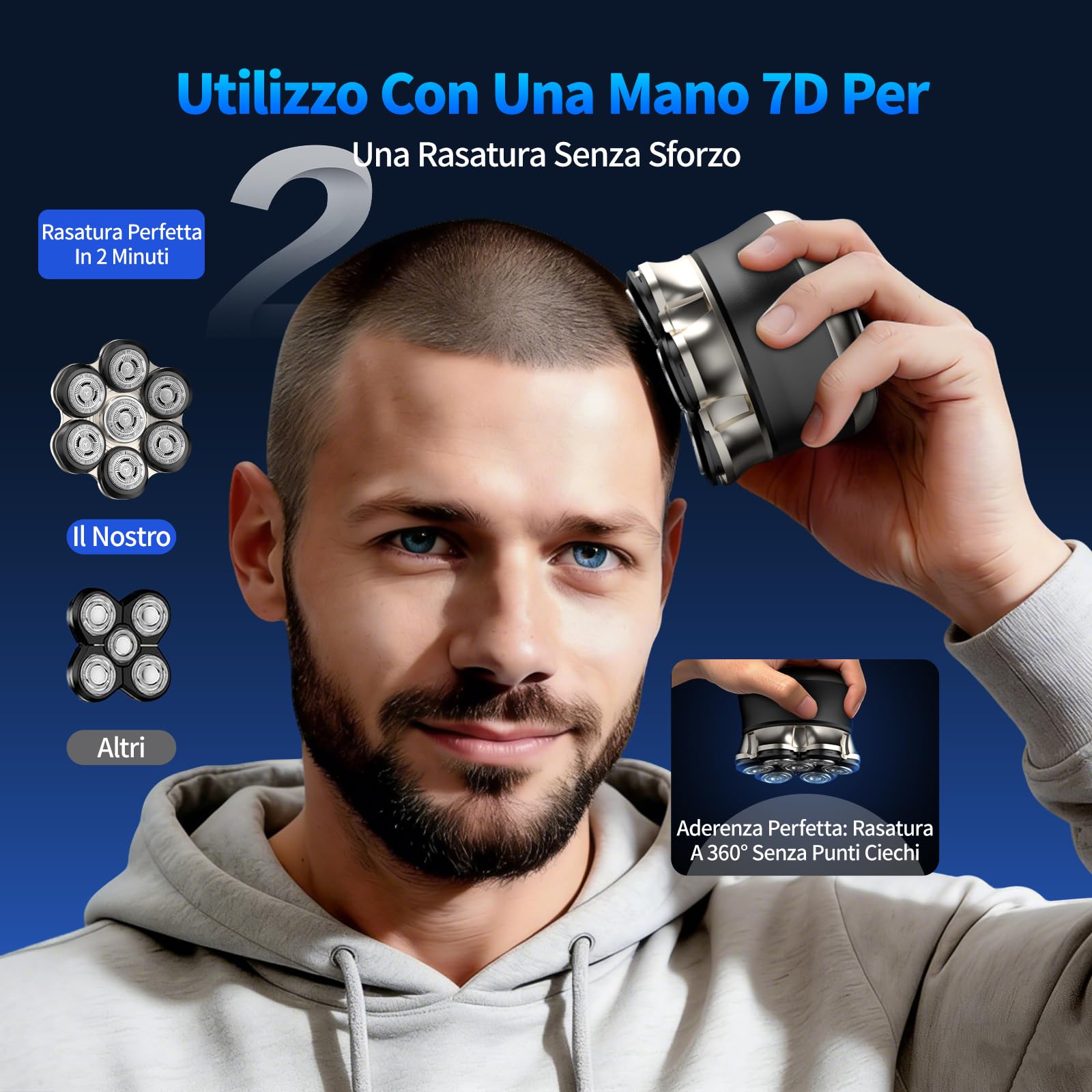 Rasoio Testa Uomo 7D, Rasoio Elettrico Calvo con Testina Magnetica, IPX6 Impermeabile, Ricarica Rapida Type-C, Display LED e Batteria 1200 mAh, Facile da Pulire