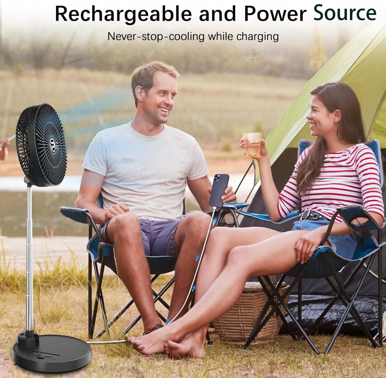 PANERGY 10'' Foldable Oscillating Fan, 20000mAh Battery Operated with Remote & Timer, Height Adjustable Portable Standing Fan, Quiet USB Output for Camping RV Picnic Home Office Outdoor