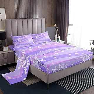 Erosebridal Merry Christmas Bed Sheets Set Full Size Winter Themed Sheet Set White Snowflake Print Fitted Sheet for Girls Boys Kids Flat Sheet Happy New Year Xmas Sheets Purple