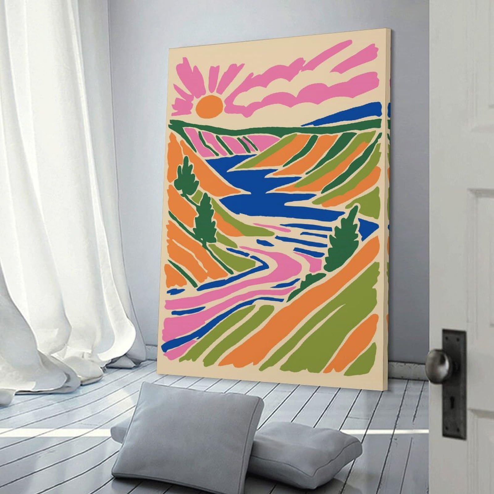 Junmoney Canvas Art Print Vibrant Abstract Landscape with River And Sun, 16x24inch(40x60cm), for Gallery Wall Layouts in Home Or Office, A Versatile Canvas Print for Layering