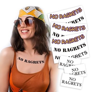 6 Sheets No Ragrets Temporary Tattoos - Funny Phrase Tattoo Stickers for Face, Arm, Body, and Hand