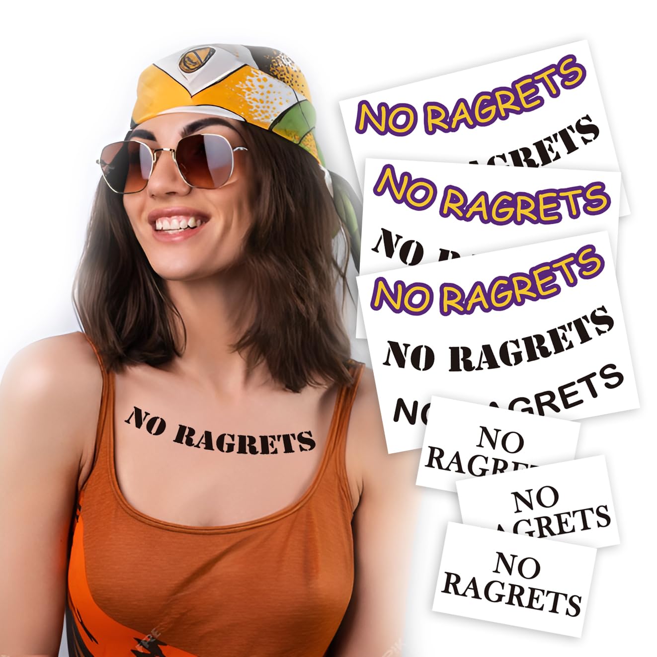 6 Sheets No Ragrets Temporary Tattoos - Funny Phrase Tattoo Stickers for Face, Arm, Body, and Hand