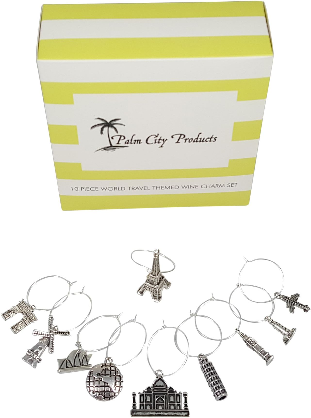 10 Piece World Travel Themed Wine Charm Set - Traveler Stemmed Wine Glass Charms