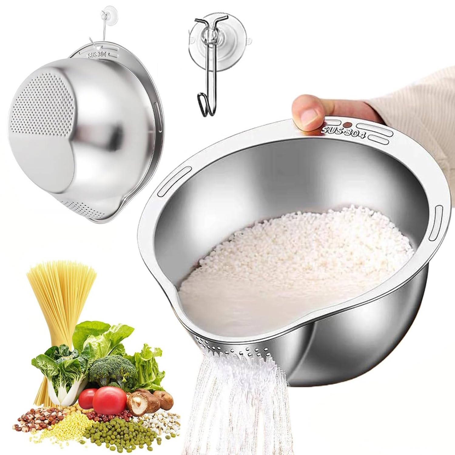 Cnwinu Rice Strainer with Side Sieve,Stainless Steel Pasta Strainer Colander for Kitchen,Rice Washing Bowl for Soak,Clean and Drain Fruits,Vegetables,and Beans