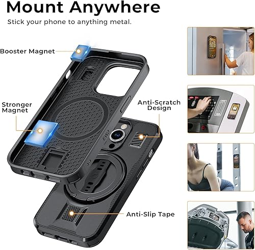 Miniatura 4 de EWA Funda para iPhone 15 Pro compatible con Magsafe con soporte de anillo, agarre de correa de silicona, cierre trasero de doble imán, protección