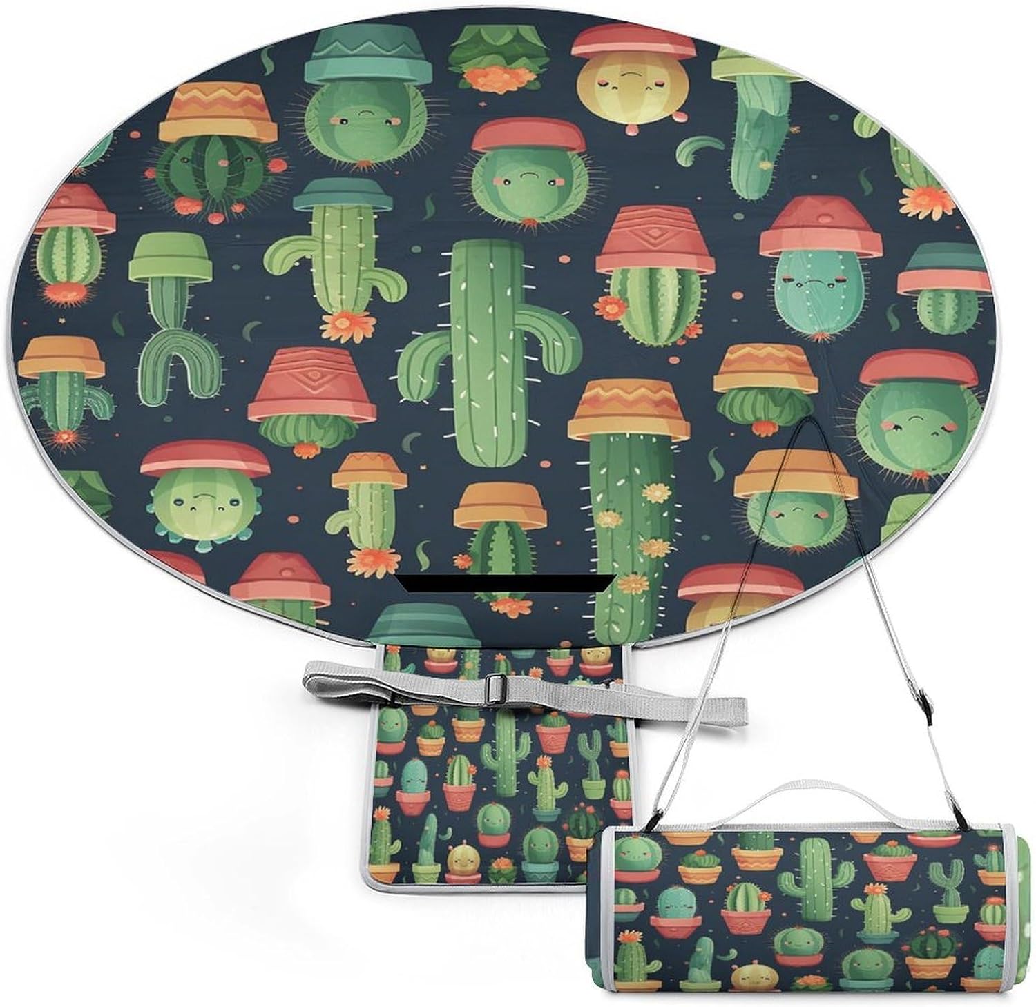 Cute Cactus Seamless Illustration Round Outdoor Picnic Mat Foldable Waterproof Beach Camping Blanket Outdoor Rug with Sponge Padding