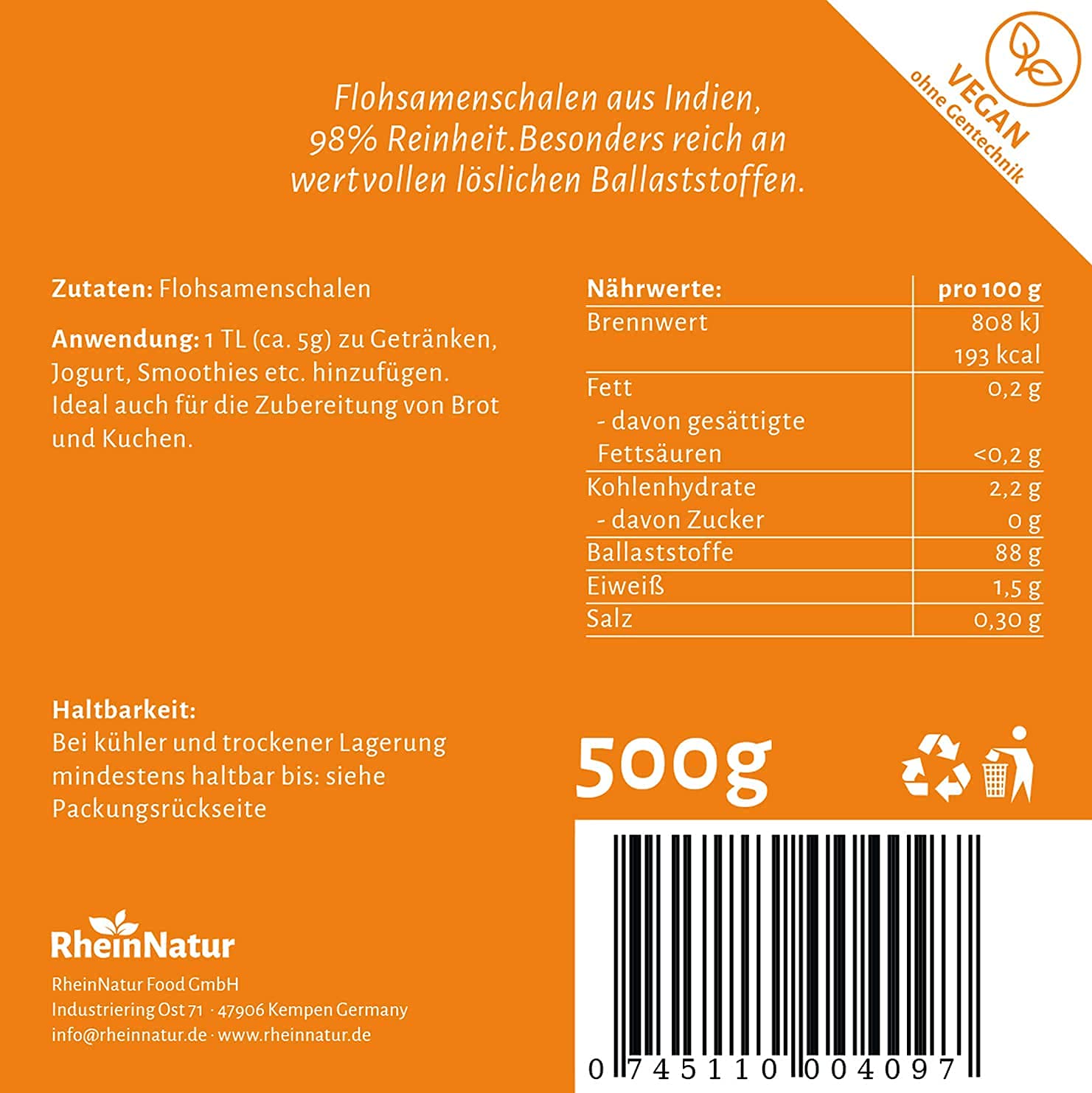 Rheinnatur Semillas de pulgas orgánicas en polvo finamente molidas orgánicas, 99% de pureza, para ayudar a la digestión, 500 g
