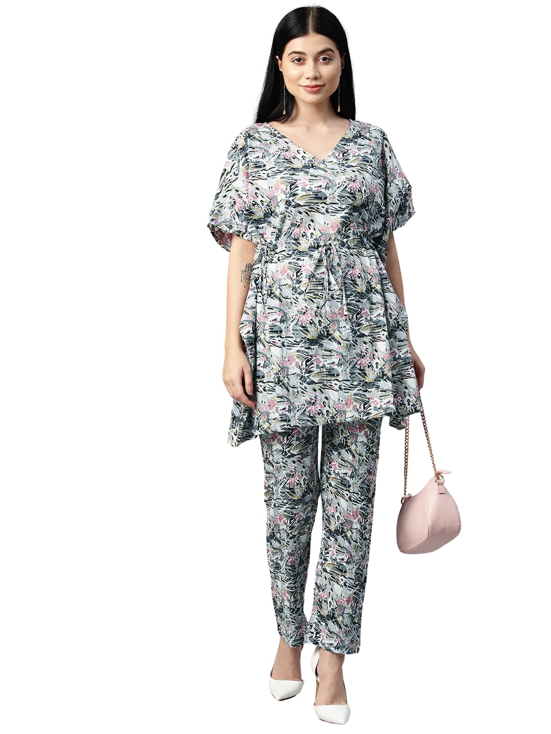 cottinfab Women Abstract Printed Grey & Pink Drawstring Kaftan Co-ord-picture-15