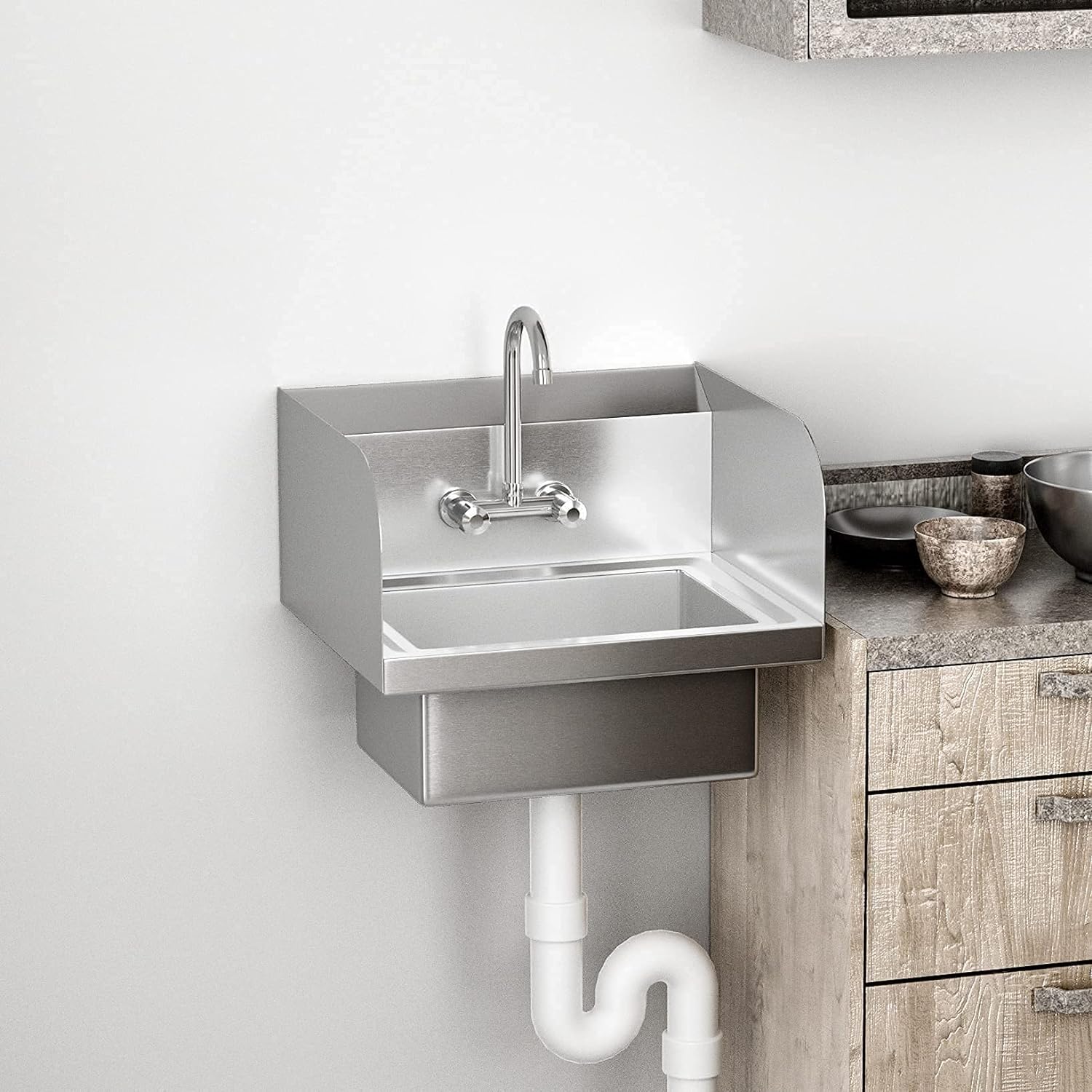 Bonnlo Upgraded Commercial Hand Wash Stainless Steel Prep/Bar Sink with Side Splash Guard - Wall Mount Utility Sink Hand Washing Basin with Faucet for Commercial Restaurant RV Kitchen