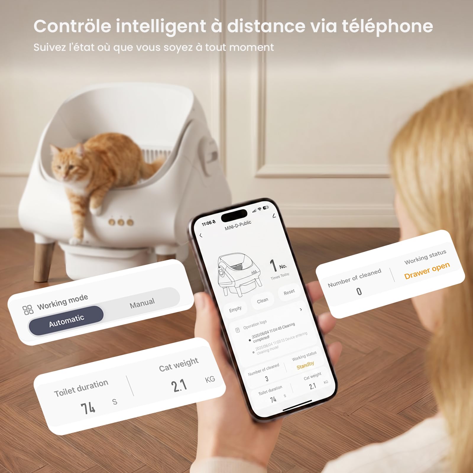 Devoko Litière pour Chat autonettoyante, Contrôle APP Intelligent, Grande capacité, Protection sécurité & détection gravitationnelle, Litière autonettoyante Automatique pour Plusieurs Chats