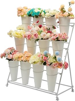 3-Tier Flower Display Stand with 12 Buckets, Moving Florist Bouquet Shelf Plant Stand with 4 Universal Wheel for Fresh Flower Shop Indoor Outdoor Patio Garden Weddings Florist Living Room