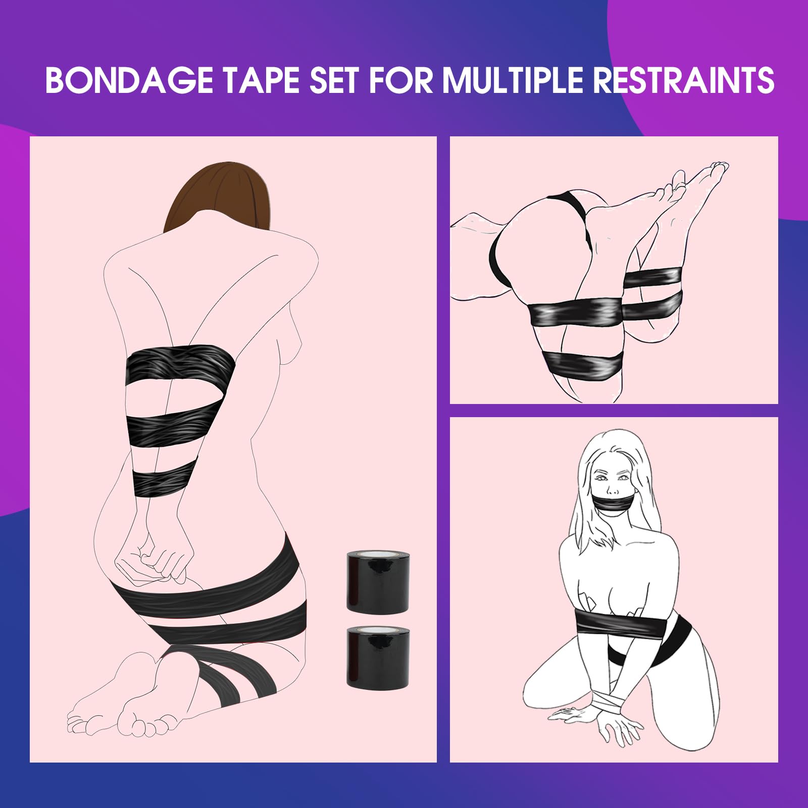 BDSM Bondage Restraints Tape Set – 3 Rolls Electrostatic Tape with Blindfold for BDSM Games Adult Sex Toys Bondage Tape Reusable Binding PVC Sex Things for Couples Kinky: Black,black,black 65ft*3Rolls