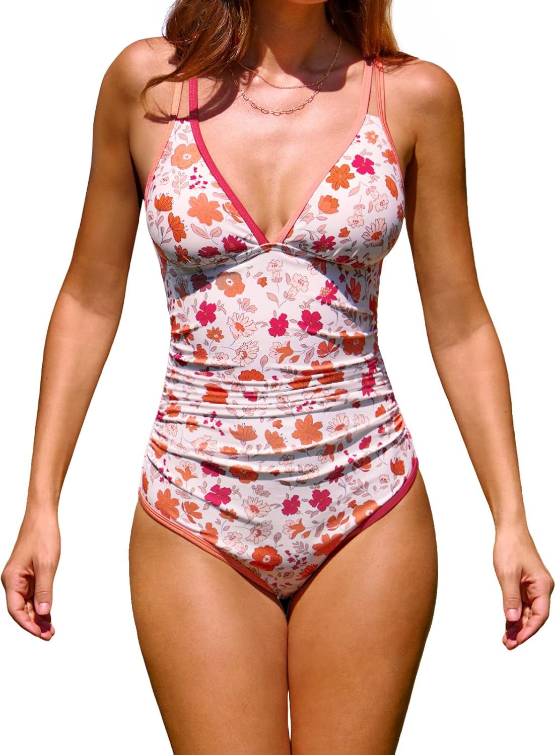 CUPSHE Women's One Piece Swimsuit V Neck Crisscross Back Cut Out Self Tie Color Block Ruched Bathing Suit