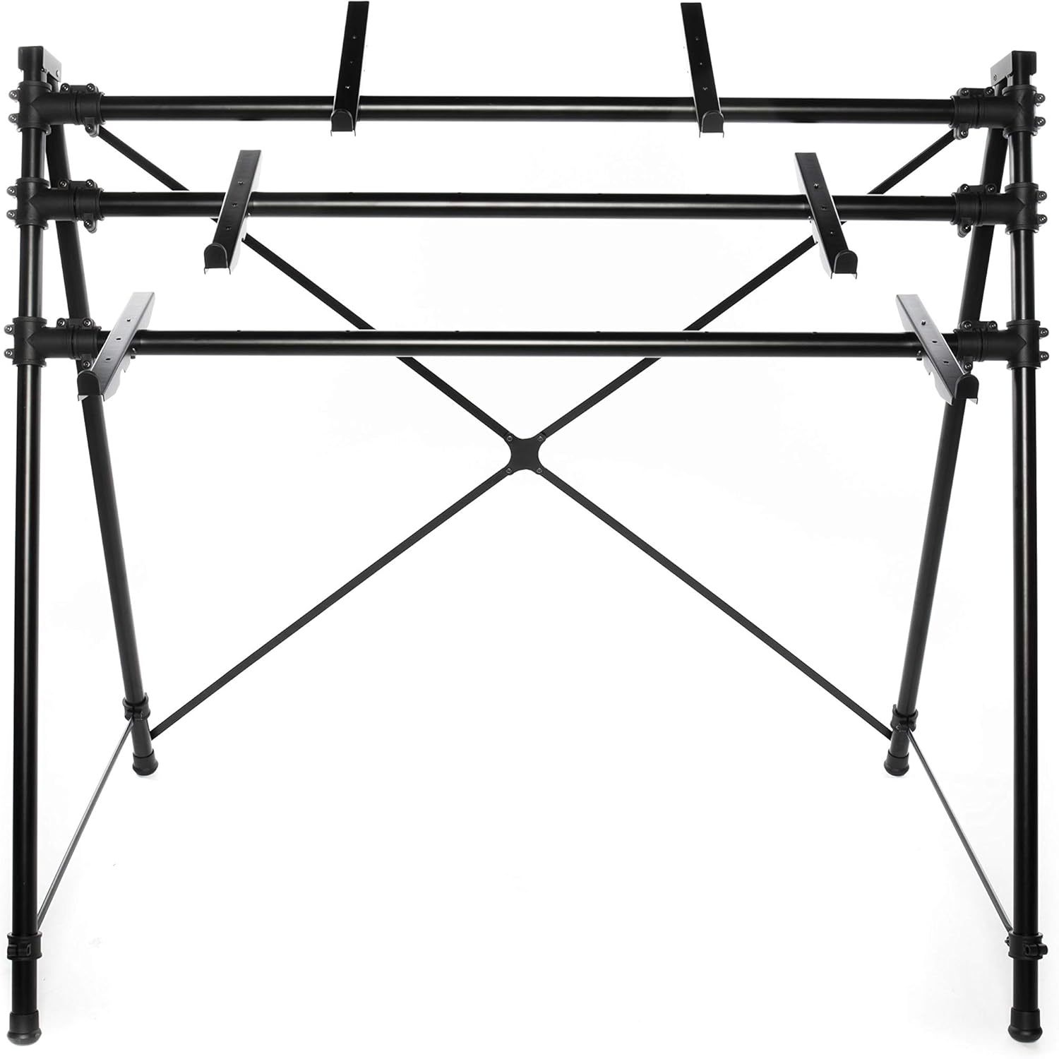 Music Store KB-1177 Keyboardständer, 3-Instrumenten Platz, Höhenverstellbar, Schwarz, Aluminiumkonstruktion, ABS-Befestigungsklammern, 370/840/1270mm Höhe, 380mm Tiefe, 800mm Breite, 1480mm Länge,