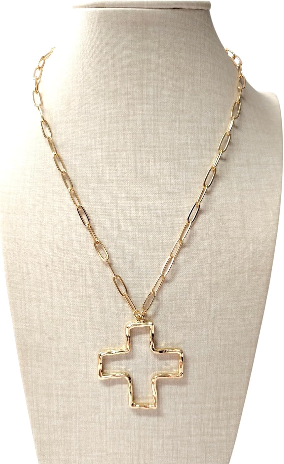 Wine Wear Open Pendant Necklace, Large Hammered Hollow Charm on Gold Chain, Statement Necklace for Women