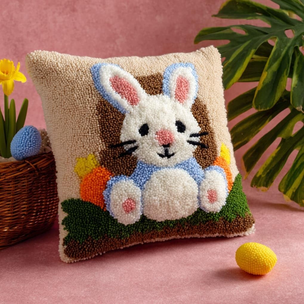 WallustrioaW DIY Latch Hook Kits for Adults,Animal Rabbit,Pillow Cover Kit Needlework Cushion Cover Hand Craft Crochet for Home Sofa Decorations,17x17in