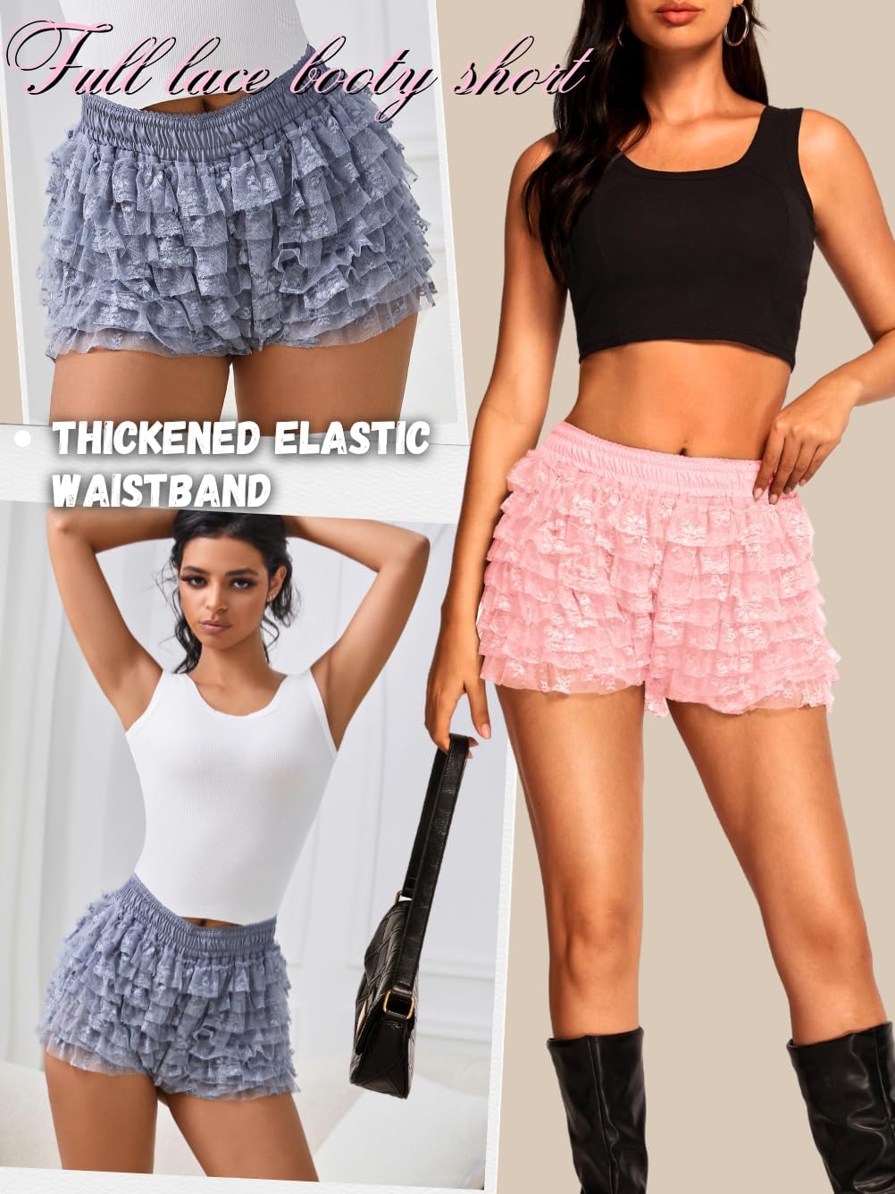 High Waisted Ruffle Shorts for Women Girls, Cute Lace Layered Bloomers, Going Out Mini Micro Bloomer - Image 2