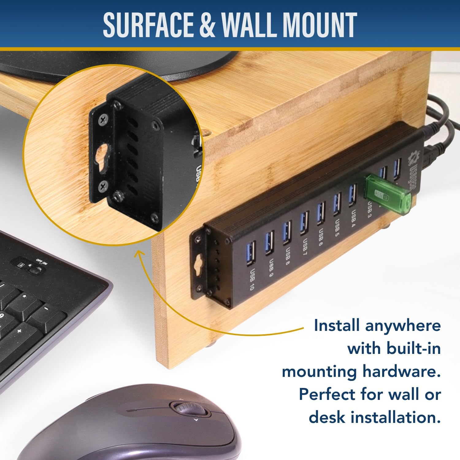 USBGear 10-Port USB Hub 3.2 Gen 1 – Mountable SuperSpeed Data Hub with USB Ports for Laptop, PC, Desktop, and More, 5V/4A Power Adapter with Type-A to Type-B Cable (3ft), Computer Accessories