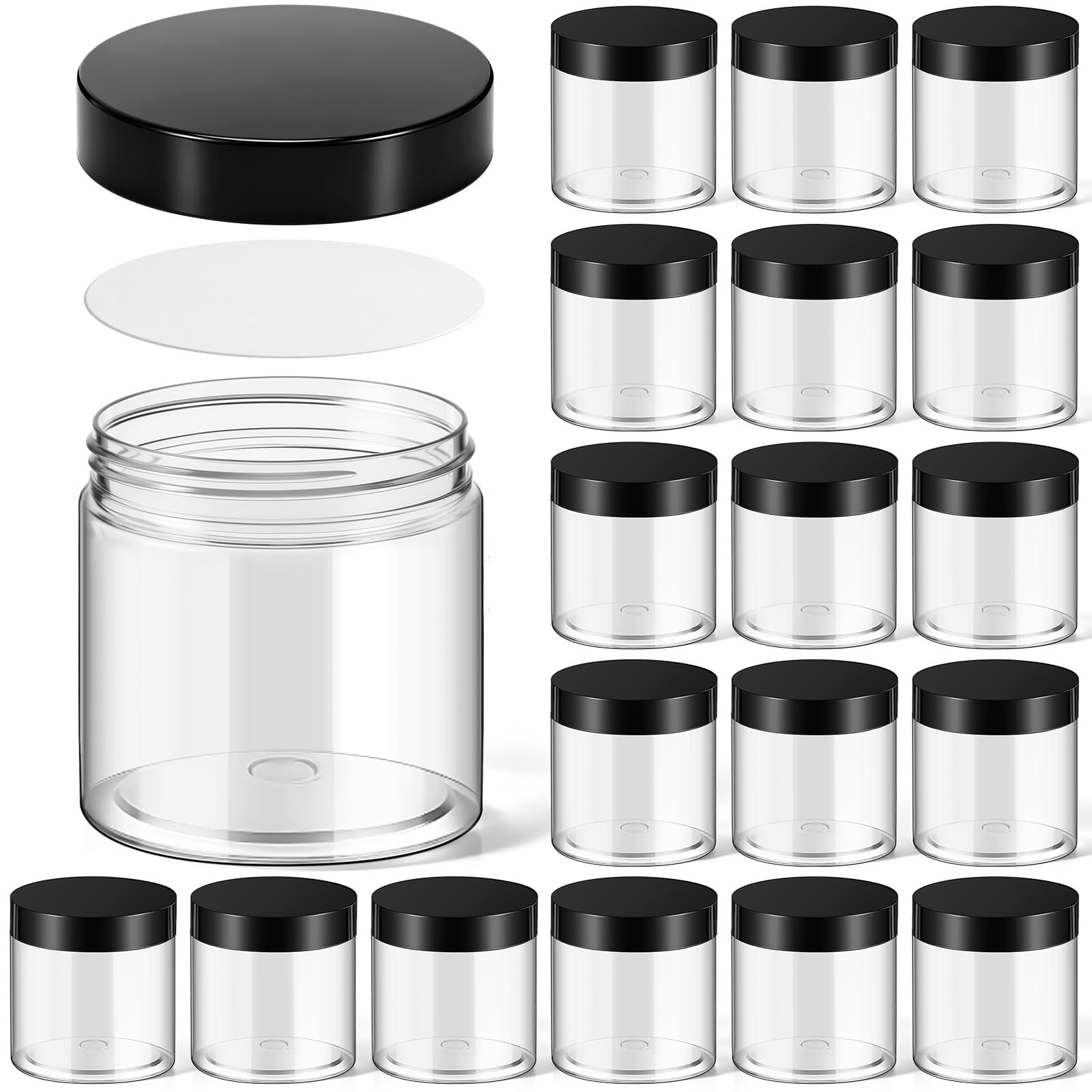 Bocaux en plastique transparent de 60x66mm avec couvercle noir pour rangement cosmétique et crème