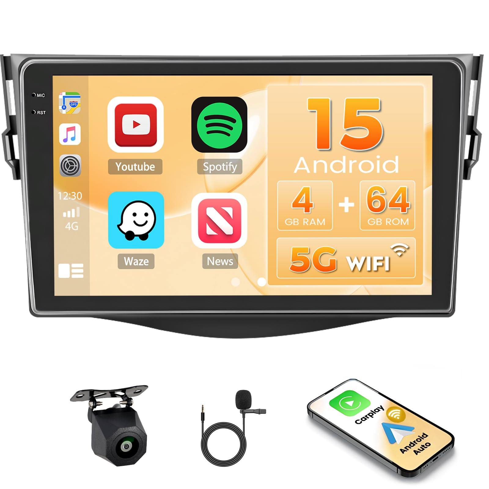 Hikity 4G+64G Android 15 Autoradio 9" pour Toyota RAV4 CarPlay