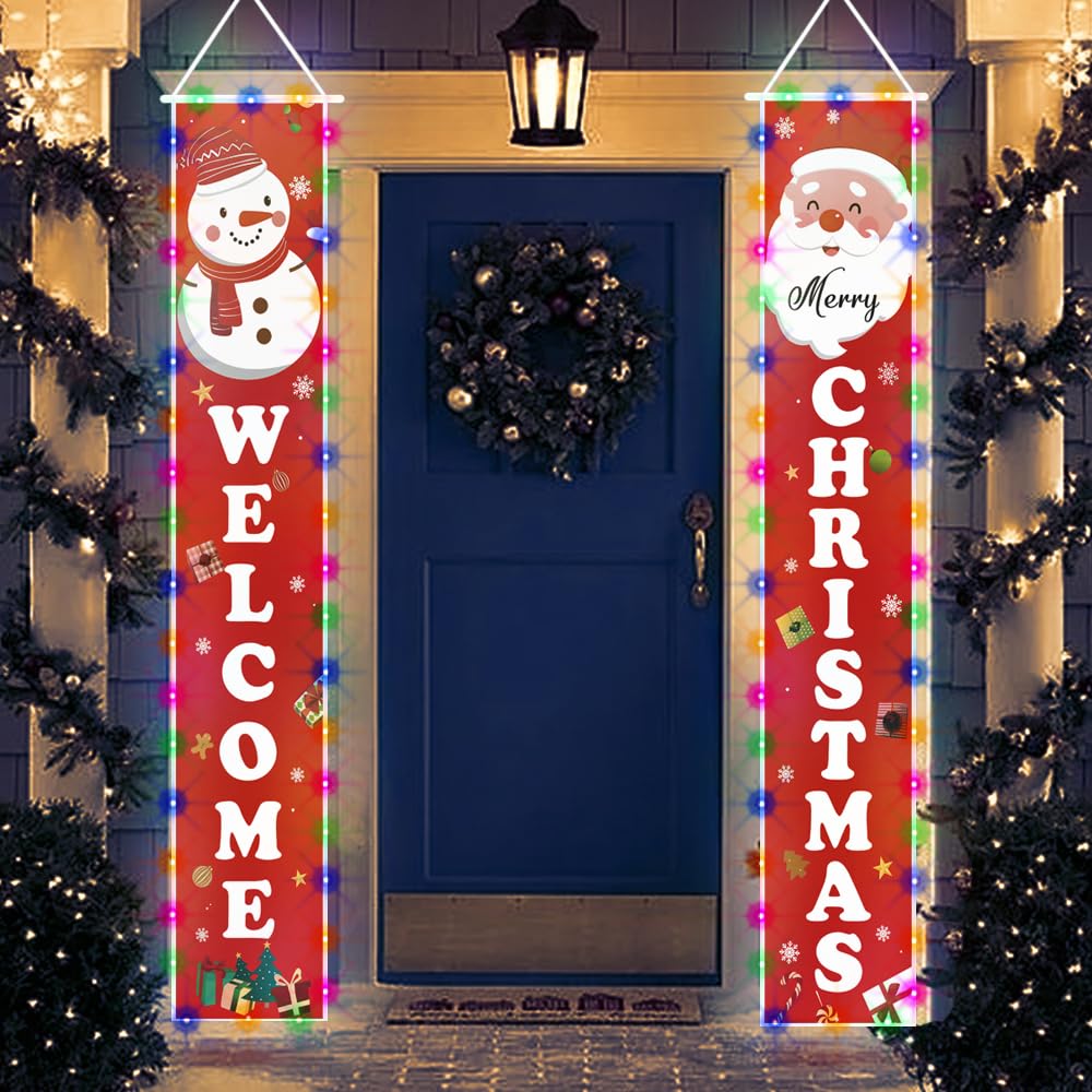Photo 1 of Outdoor Christmas Decorations for Yard Front Porch Sign with LED Light Strings,Hanging Merry Christmas Banner for Home Porch Door Xmas Decor?12 x 72 inch?