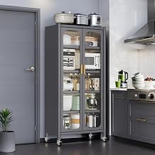 Spaco 65" Kitchen Pantry Storage Cabinet,5 Tiers Food Pantry Cabinet with Adjustable Shelves & Transparent Door,Metal Display Storage Cabinet on Wheels for Kitchen,Living Room and Dining Room. Grey