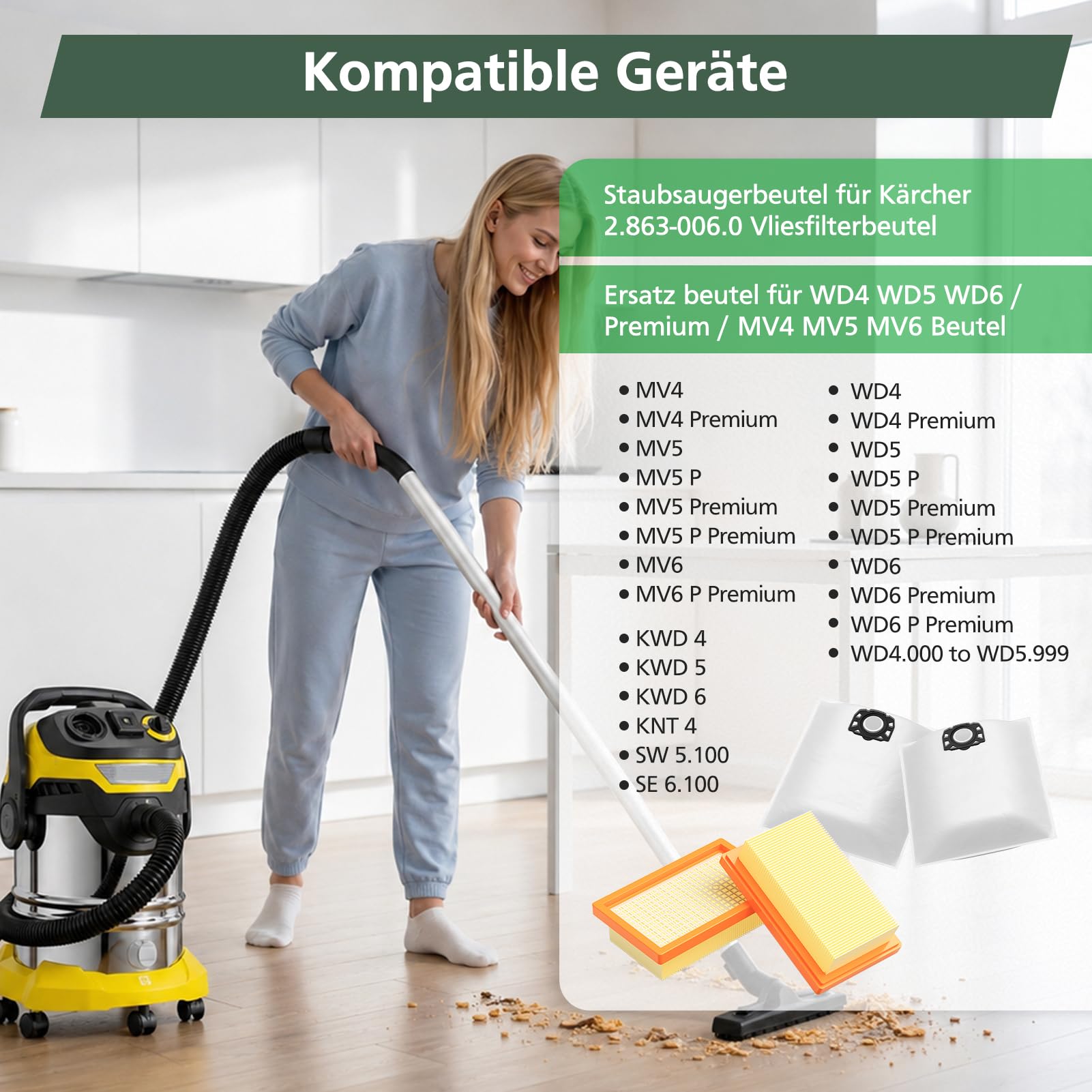 12 Stück KFI 487 Staubsaugerbeutel für Kärcher WD4,WD5,WD6,WD5P,WD6P, MV4, MV5, MV6,für Kärcher 2.863-006.0,Vliesfilterbeutelbeutel Filtertüten für Nass & Trockensauger, Weiß (mit 2 Filter)