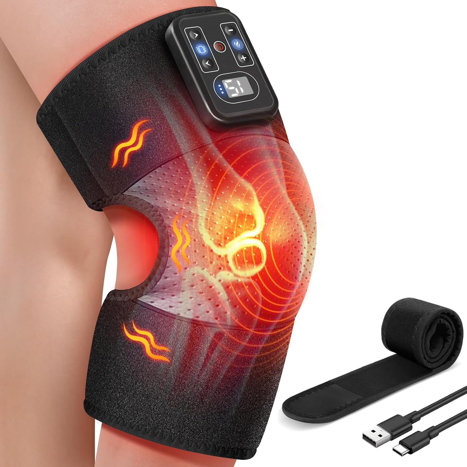 Cordless Knee Massager with Heat, Vibration Heating Pad for Pain Relief, 3 Vibrations & 5 Heating Levels Shoulder Brace, Knee Brace Wrap Gifts for Dad Mom Men Women Seniors (Black, Single)
