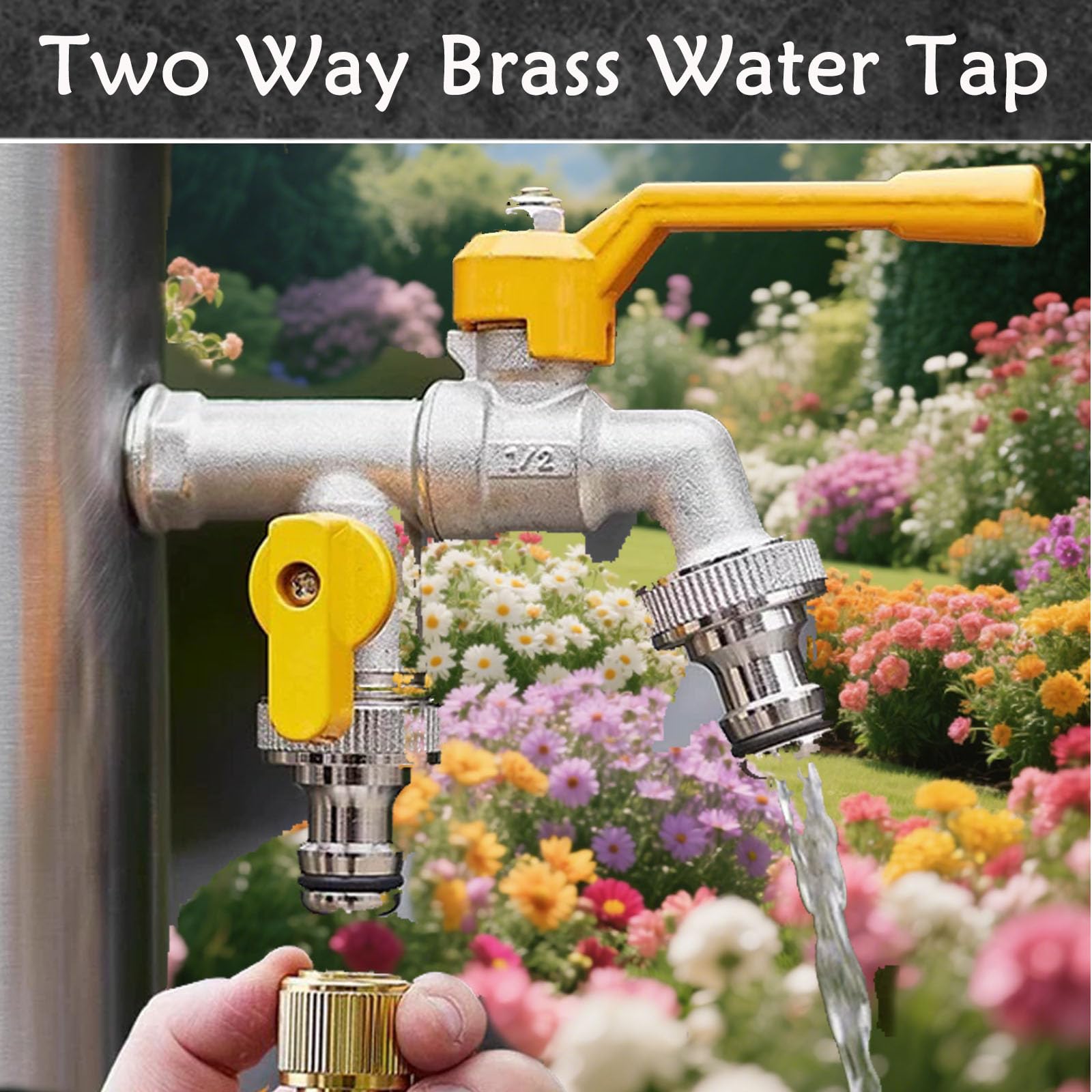 Brass Double Water Tap, 1/2 cala podwójny wylot ogrodowy Tap Antifreeze Double Output Faucets with 4 Connectors für Outdoor Garden Washing Machine Rain Barrel Household Industry (Yellow)