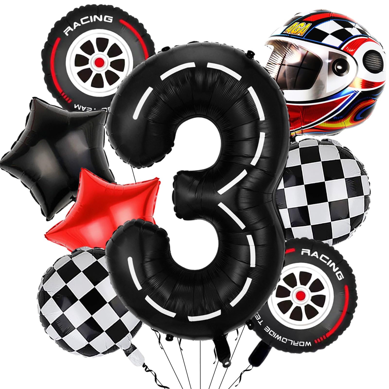 8PCS Race Car Balloons - 40 Inch Race Racetrack Number 3 Balloon - Tire Balloons for Cars Birthday Decorations - Racing Party Decorations