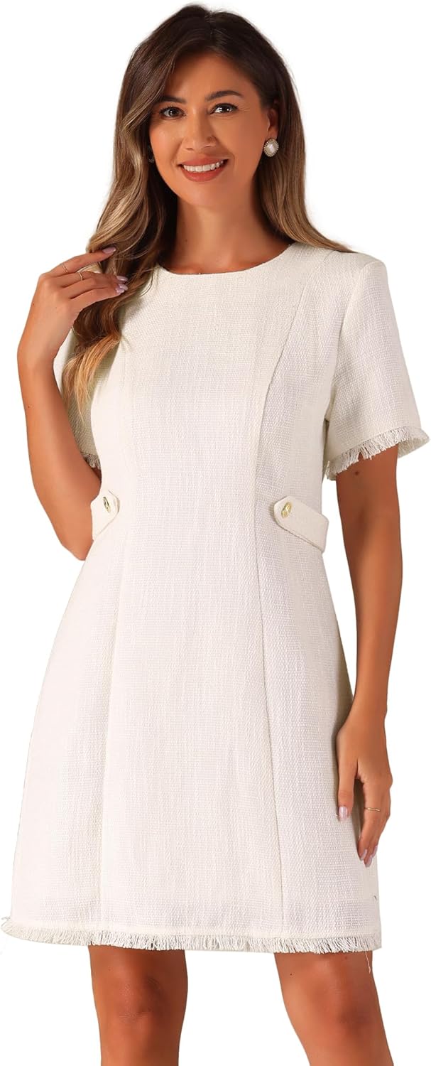 Allegra K Tweed Sweater Dress for Women's Round Neck Short Sleeves Work Elegant Casual Knit Shift Dresses