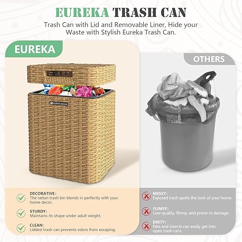 Miniatura 3 de Ypati Cubo de basura de ratán tejido a mano de 2.5 galones con tapa, uso en interiores y exteriores, estante complementario, contenedor de basura